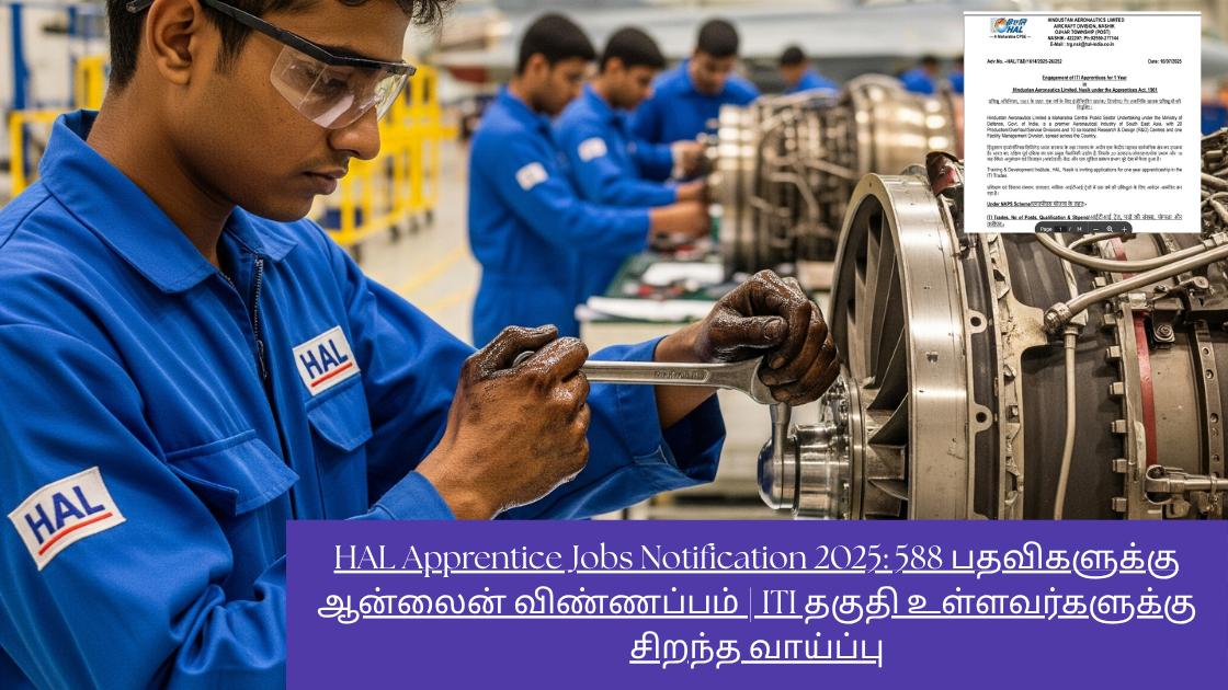 HAL Apprentice Jobs Notification 2025: 588 பதவிகளுக்கு ஆன்லைன் விண்ணப்பம் | ITI தகுதி உள்ளவர்களுக்கு சிறந்த வாய்ப்பு